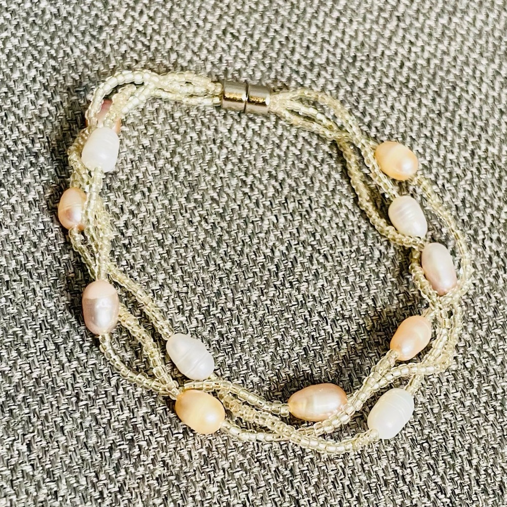 Braided Triple-Strand Freshwater Baroque Pearl Beaded Bracelet w/ Magnetic Clasp